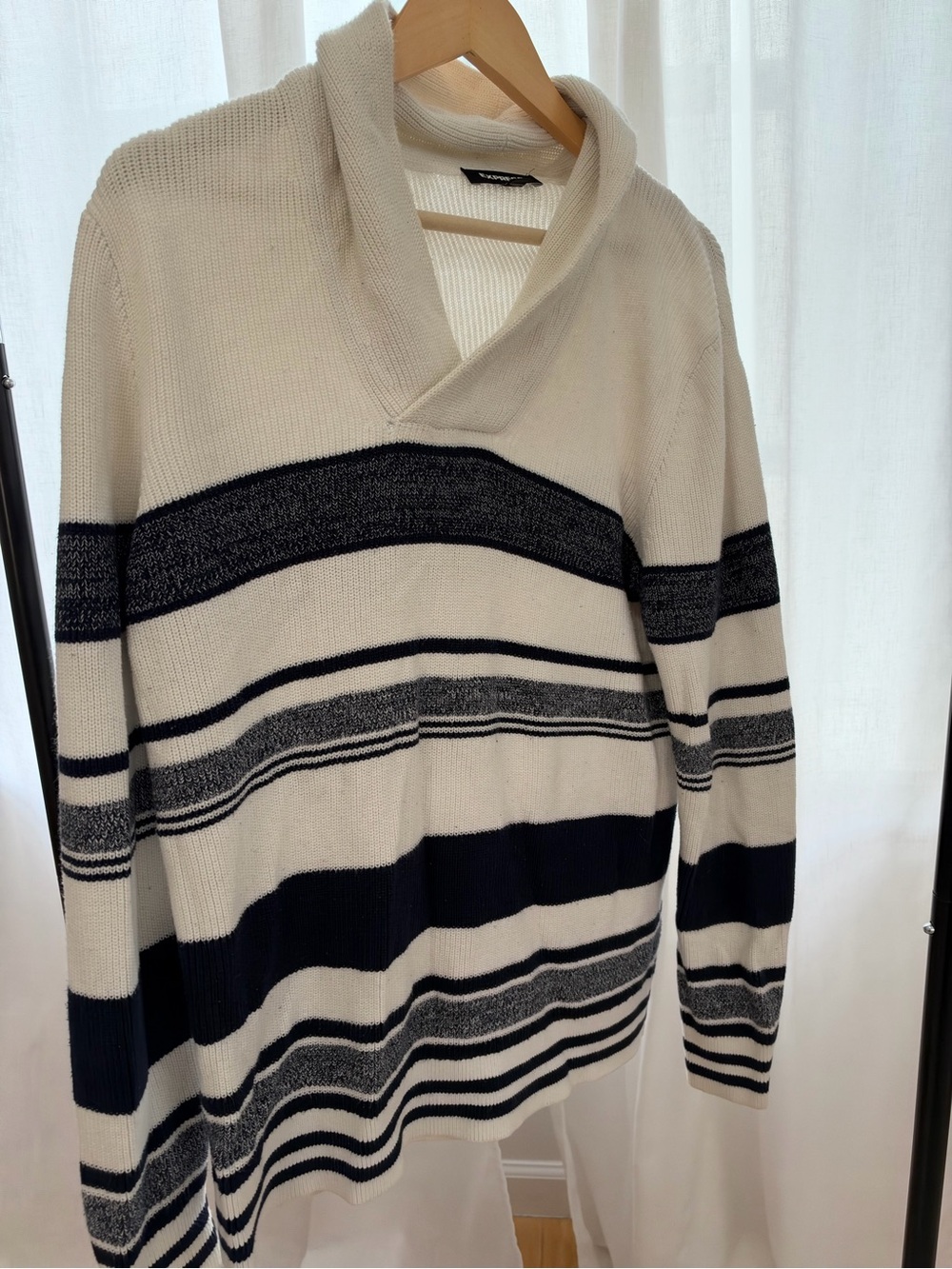 Express Cream V-Neck Striped Sweater with Navy and Gray Bands